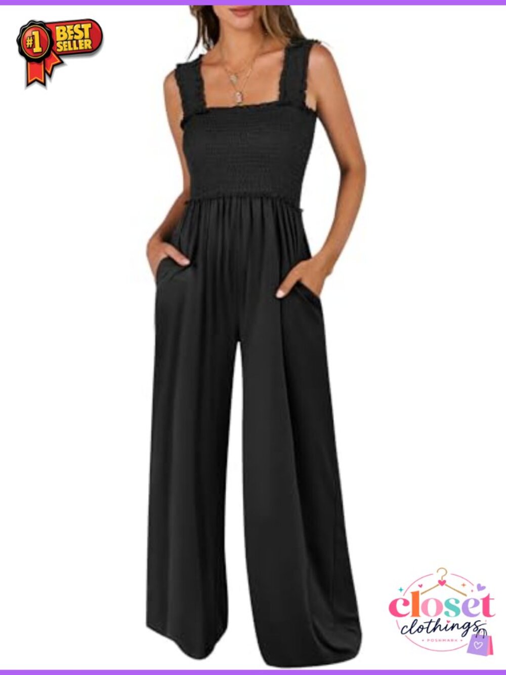 ANRABESS Smocked Sleeveless Wide Leg Jumpsuit with Pockets